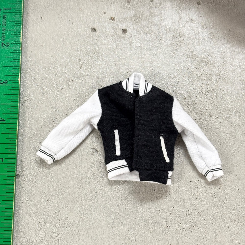 PB-LTJKT: 1/12 Black Varsity Jacket with white sleeve for 6″ muscular body