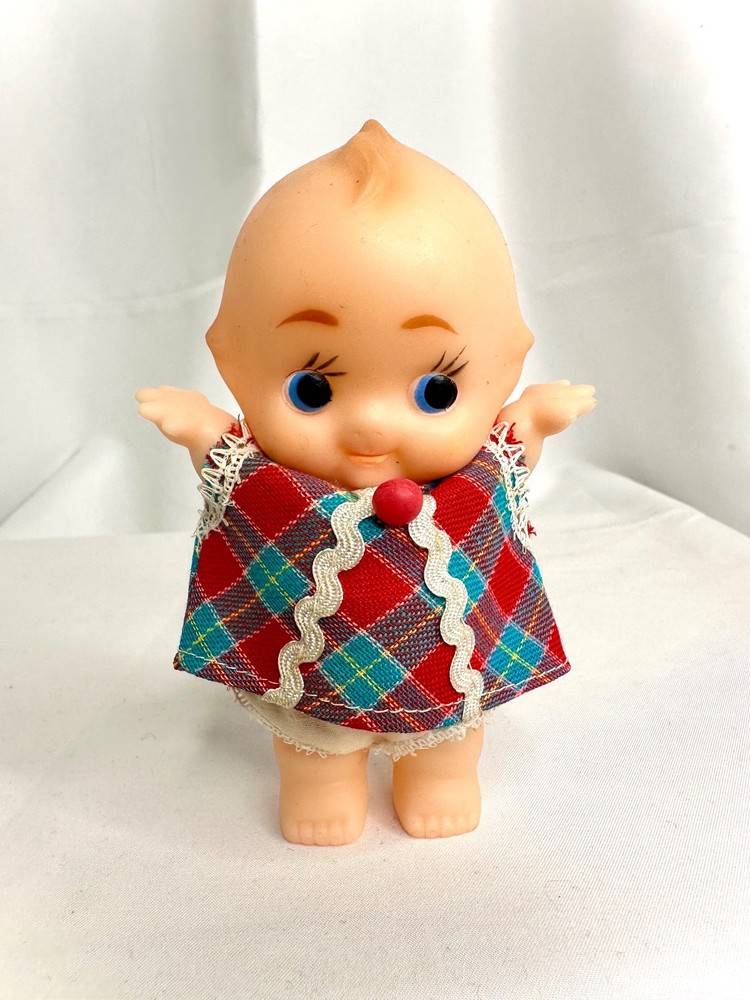 VINTAGE KEWPIE WITH PLAID DRESS COIN BANK DOLL SOFT VINYL TOY JAPAN SOFUBI
