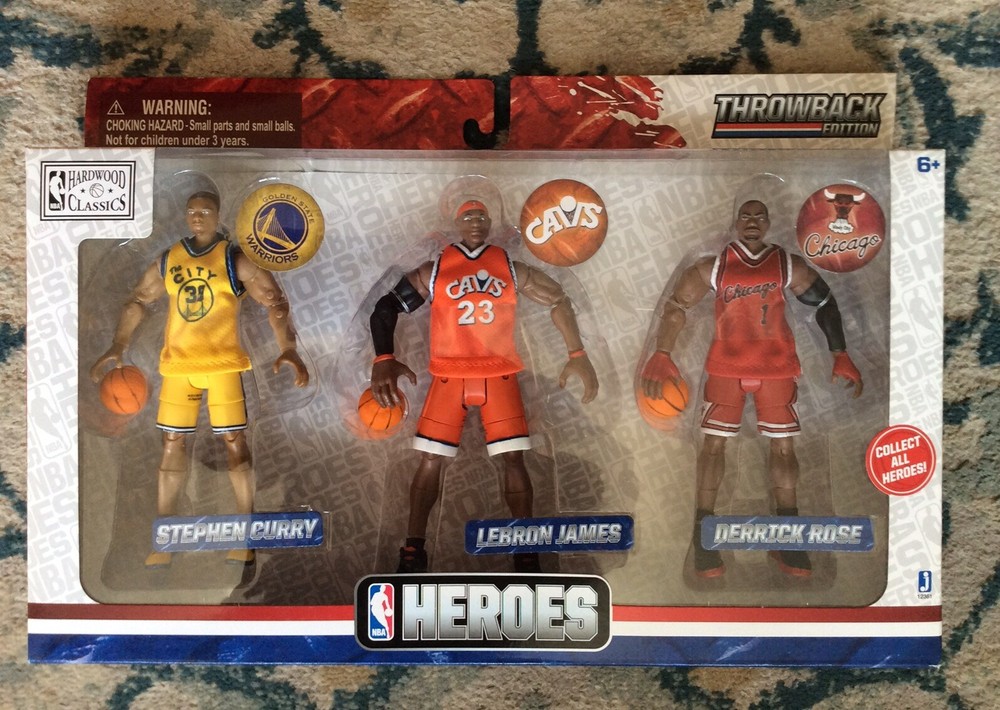 NBA HEROES THROWBACK EDITION STEPEN CURRY, LeBRON JAMES, & DERRICK ROSE PLAYSET