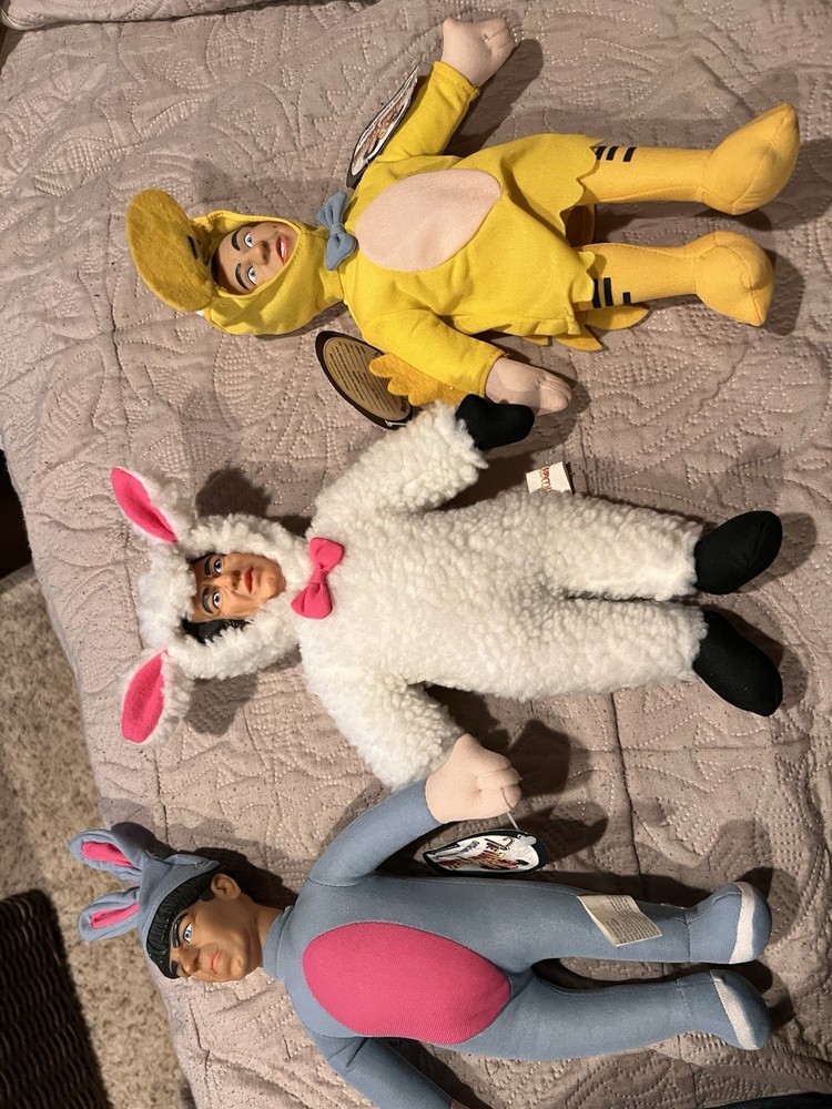 THE THREE STOOGES DOLLS 2002 EASTER THEME OUTFITS RABBIT, SHEEP AND DUCK