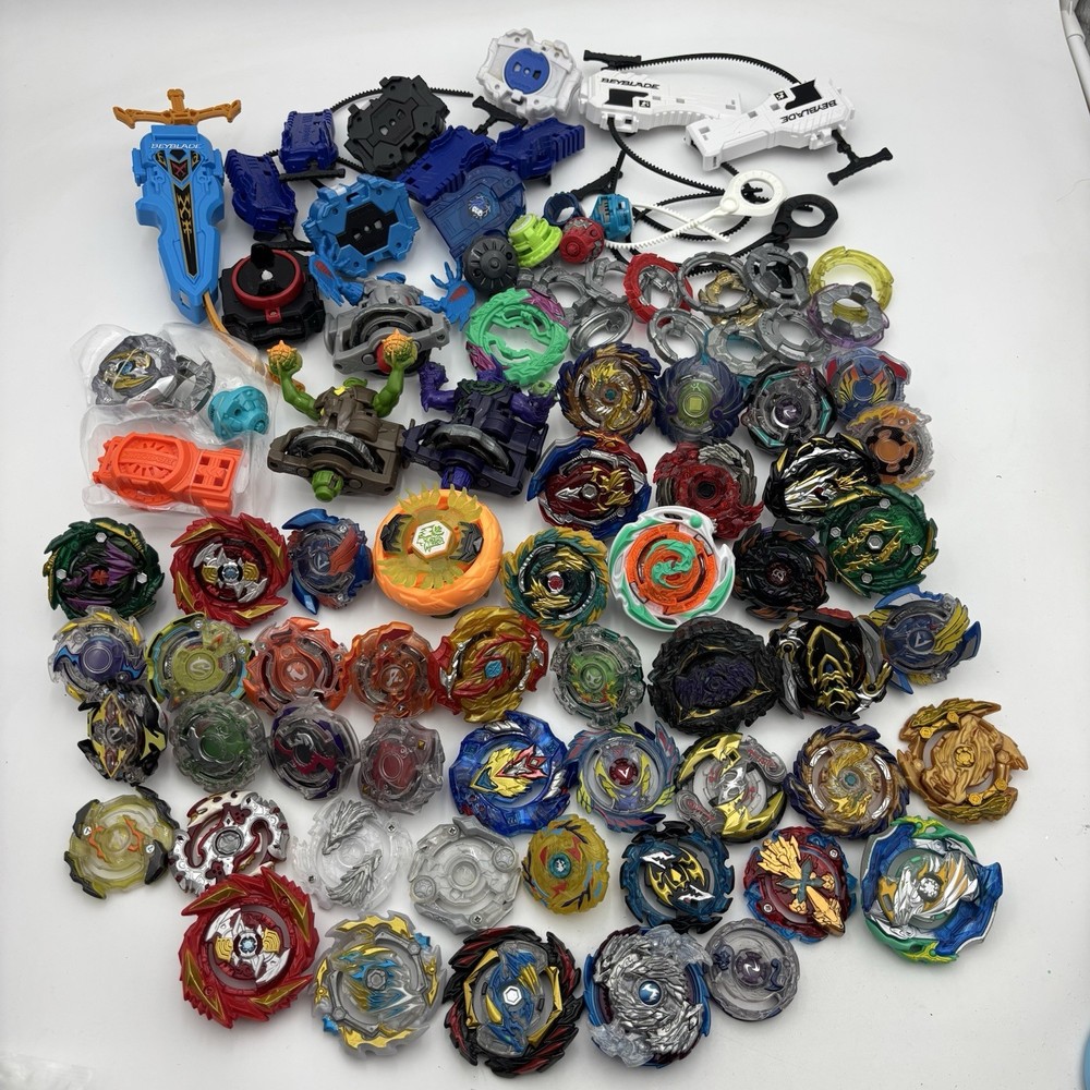 Large 90+ Piece Lot Of Beyblade Spinners, Discs, Launchers, Parts