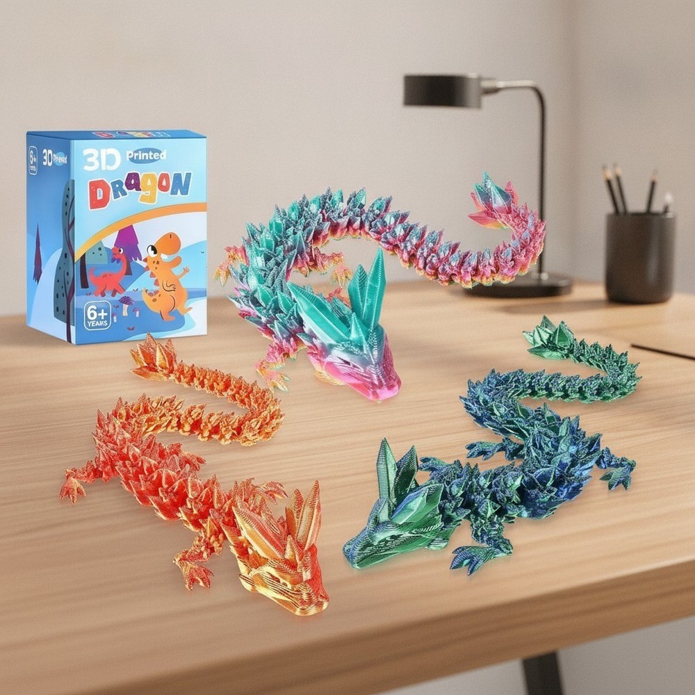 3 Pc 12in 3D Printed Crystal Dragon, Flexible Articulated