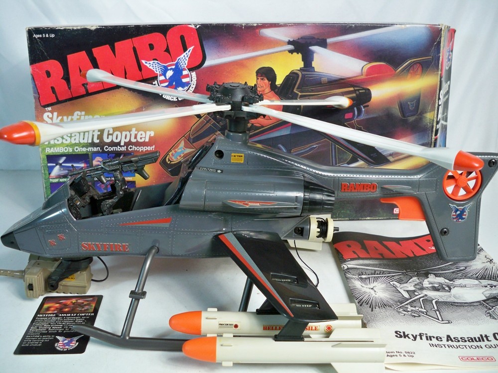 K26i94271 SKYFIRE ASSAULT COPTER W/ BOX 100% COMPLETE RAMBO VINTAGE 1985 COLECO