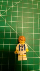 LEGO Minifigure Soccer Player Octan Sponsor Blue White Striped Jersey Sports
