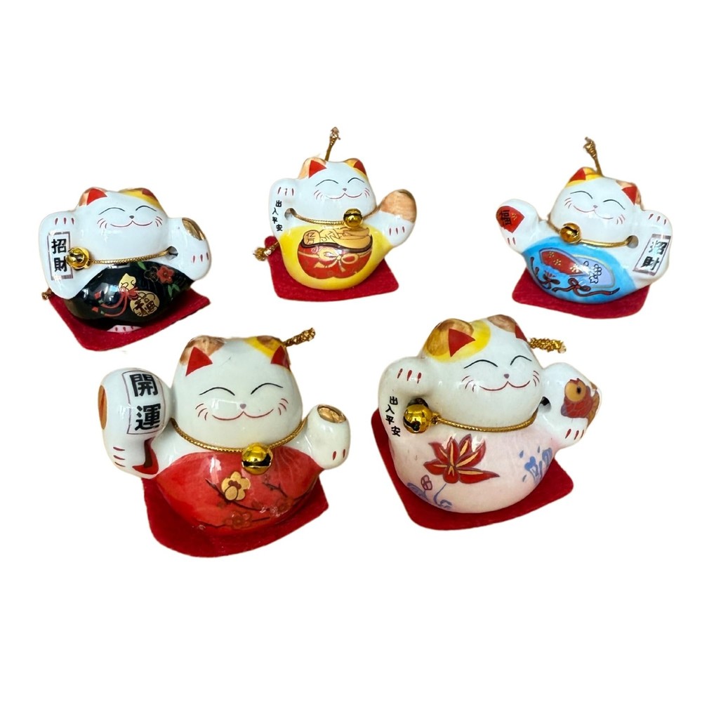 Set of 5 Mini Maneki Neko Lucky Cat Figurines for Prosperity & Fortune –…