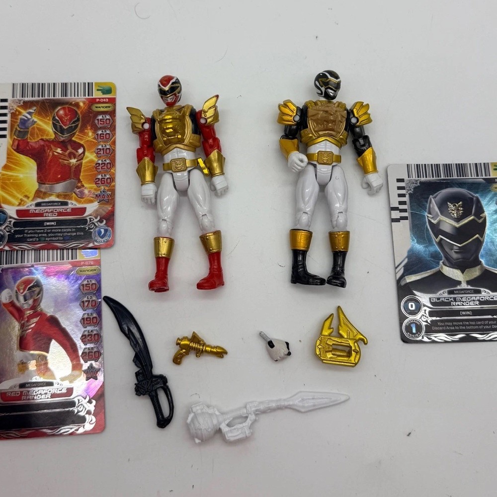 Power Rangers Mega force Red & Black Ranger Figures Cards Weapons Bandai Figures