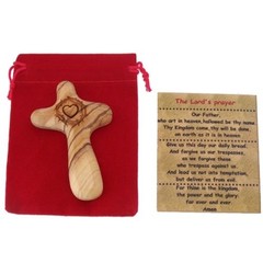 No Greater Love Olive Wood Cross Engraved with Crown of Thorns and Heart 3″