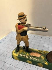 Teddy And The Bear Mechanical Bank Hunter Bear Cast Iron Coin Bank Vintage