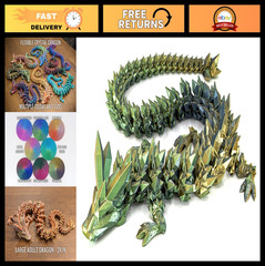 Large 24″ Articulated Rainbow Dragon Figure – Multi-Color 3D Printed Plastic, In