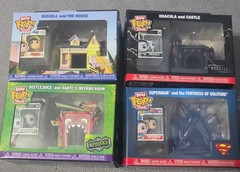 4 Funko Bitty Pop Towns Beetlejuice, Up, Superman and Dracula castle