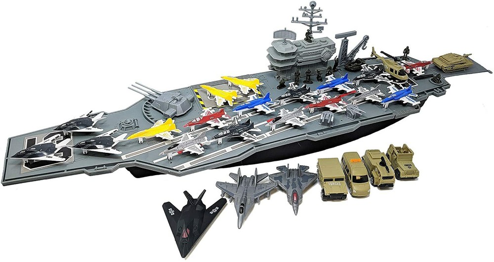 33 Inch Aircraft Carrier with Soldiers Jets Military Vehicles + 18 Fighter Jets