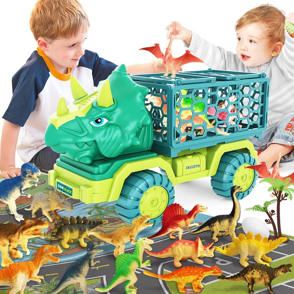 Dinosaur Truck Toys for Kids 3-5, Triceratops Car Toy with 15 Dino Figures,Large