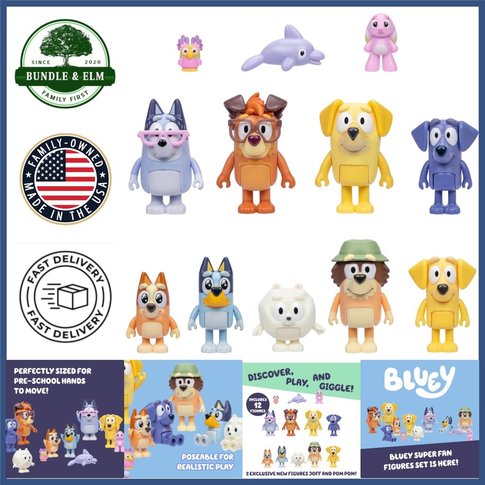 Imaginative Play Set for Toddlers, 12 Articulated Bluey Character Figures