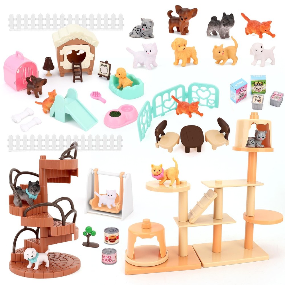67 PCS Cat and Dog Pet Figurine Playset, Pretend Play Toy for Kids Creative D…