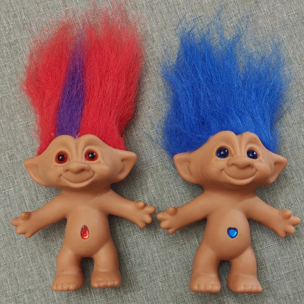 Trolls Troll Lot of 2 Plastic Figurines w/ Gem Belly Buttons Red & Blue Hair