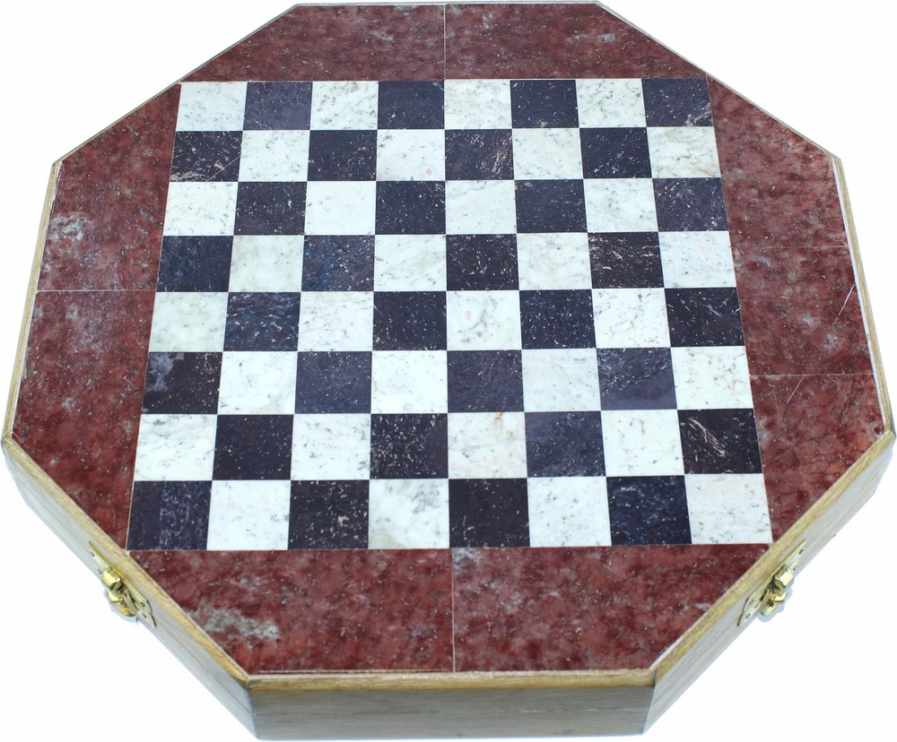 Octagonal Shape Wooden Chess with Stones Inlay and Chess Pieces. (12 x 12 Inch)