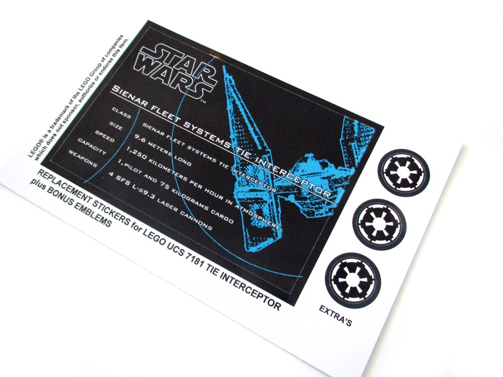DIE CUT REPLACEMENT STICKERS for UCS Set 7181 TIE INTERCEPTOR ,STAR WARS MODELS