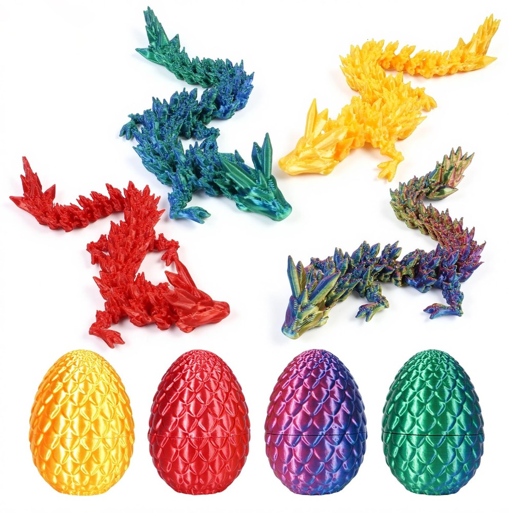 VivaNova 4 Pack 3D Printed Dragon Eggs, Surprise Eggs with Articulated Mini D…