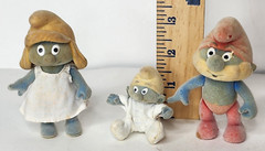 Vintage Fully Jointed Flocked Smurfs Set Papa Baby Smurfette [Bikin, 1988]