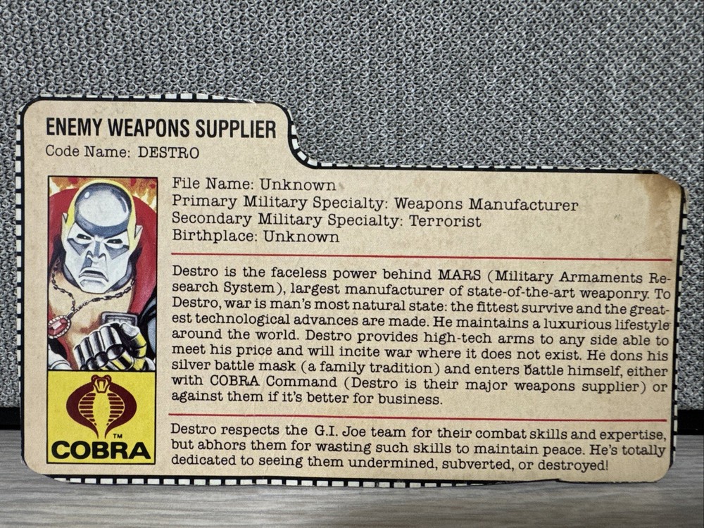 GI Joe Destro Cobra Enemy Weapons Supplier 1983 File Card ARAH