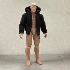 SU-RG-ZPHD-BK: 1/12 Black Fabric Hoodie zipper Jacket for 6 inch muscular body