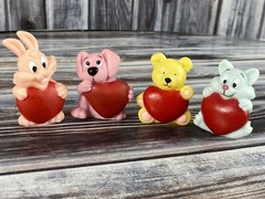 Lot of 4 Rubber Finger Puppets Holding Hearts – Bunny Rabbit Dog Bear Cat – Rare