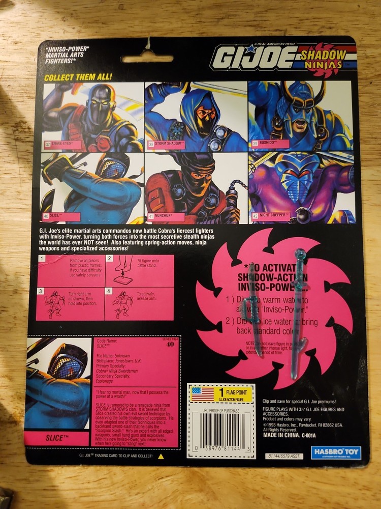 GI Joe Shadow Ninjas Slice 1994 Color Change Figure- Weapons & Card Back 3.75″