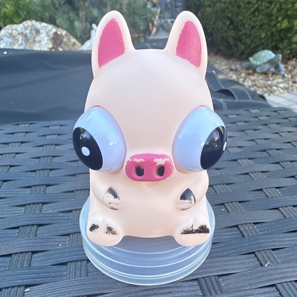 Pink Pig Figurine Big Eyes w/ Clear Suction Cup Base 6 in, Blue Black White