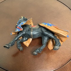 Black Plastic Horse Blue Red & Gold Medieval Gear 4 in Tall X 5 in Long