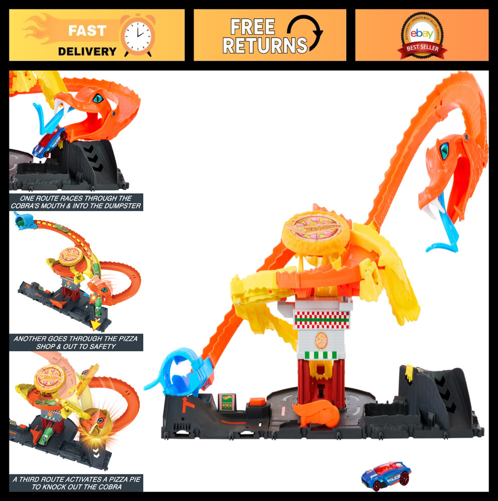 Pizza Slam Cobra Attack Playset with 1 Toy Car – 3 Random Racing Paths Fun!