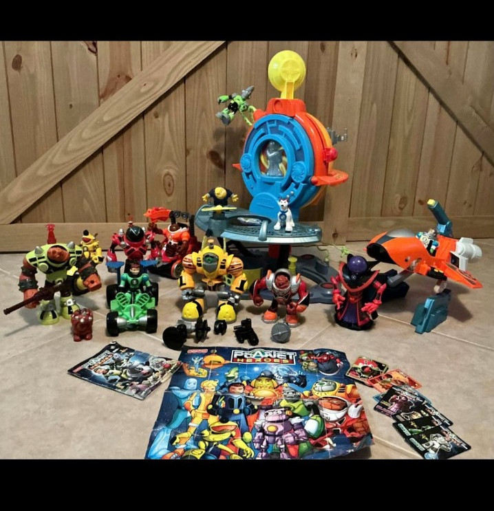 Fisher-Price Planet Heroes HQ Playset Lot 13 Figures 4 Vehicles Comic Poster