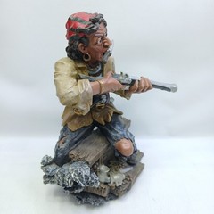 Resin Pirate 10″ Statue with Knife, Musket & Pistol on a bench with treasures