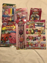 Shopkins lot of 6 Items Mini Stationary Case Set, Pencils, Erasers, Card Game