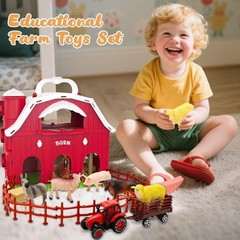 Big Red Barn Toys for Toddlers 1-3 Farm Animal Figures Playset with Tractor f…