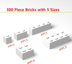 300Pcs Building Brick Bulk, White Bulk Bricks with 5 Sizes, Compatible with Lego