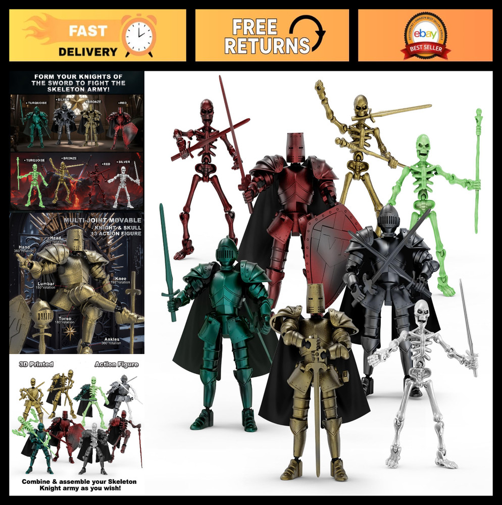 8pcs DIY Multi-Colored 3D Printed Action Figures Set – Medieval Knight Style, Mo