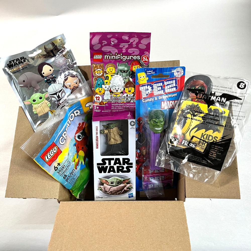 MYSTERY BOX mixed toys & collectibles 6 items – Disney, Marvel, Lego, etc..