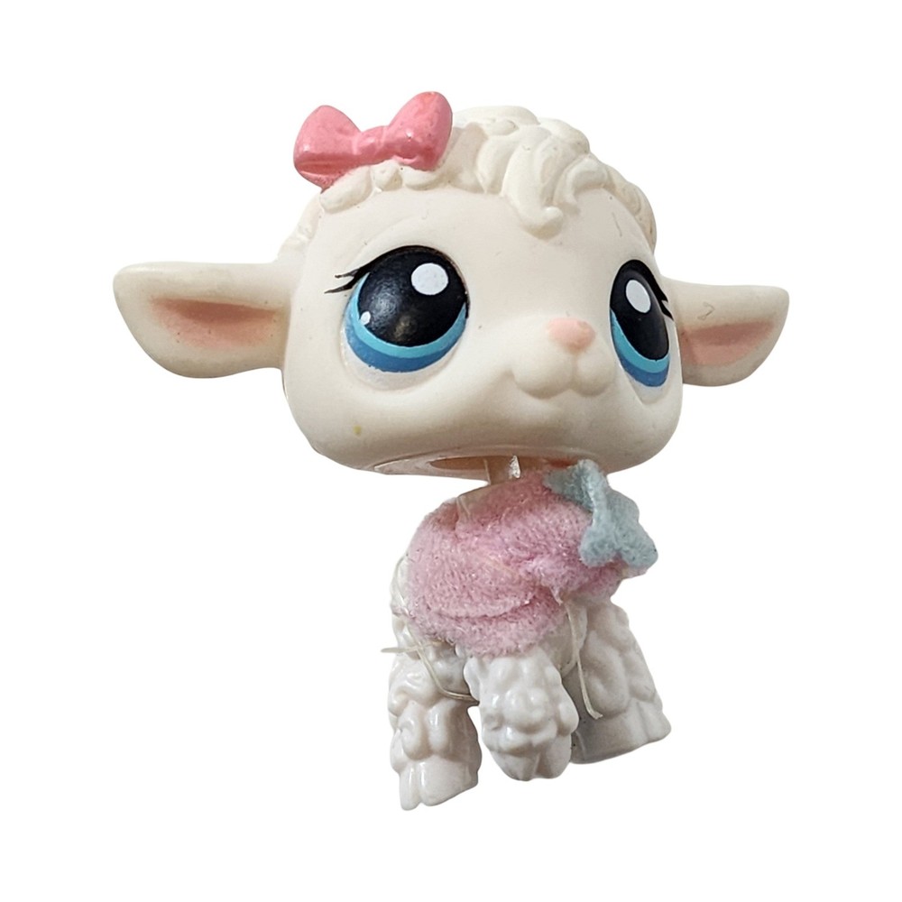 Littlest Pet Shop Authentic LPS 376 Sheep Lamb White Blue Eyes Pink Bow Sweater