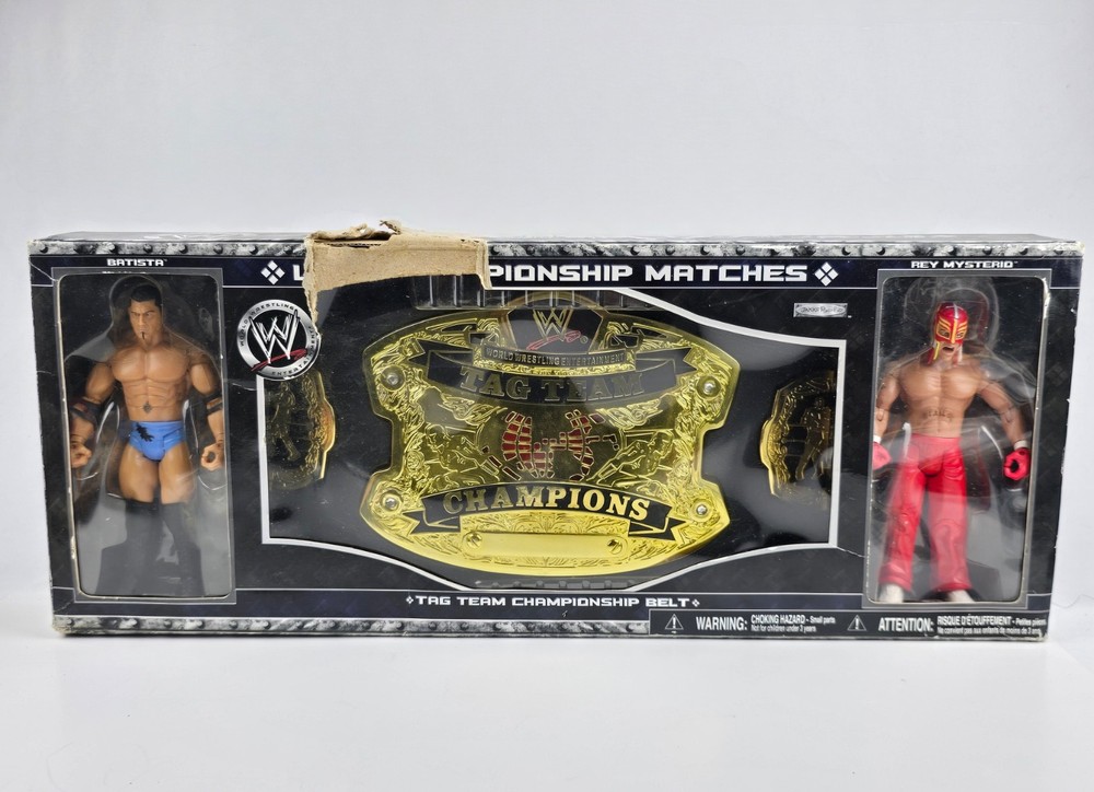 WWE Batista & Rey Mysterio Tag Team Championship Belt Figure Set New -torn pack