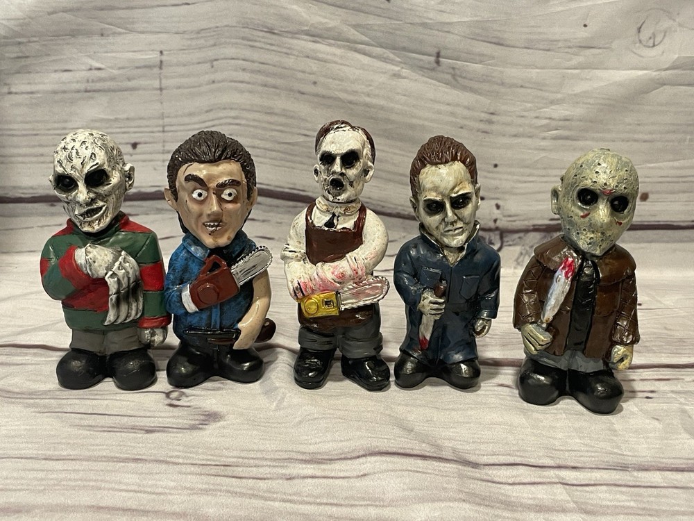 (5)Horror Movie Gnome Tiki Figures Lot Halloween Scream Freddy Jason Leatherface