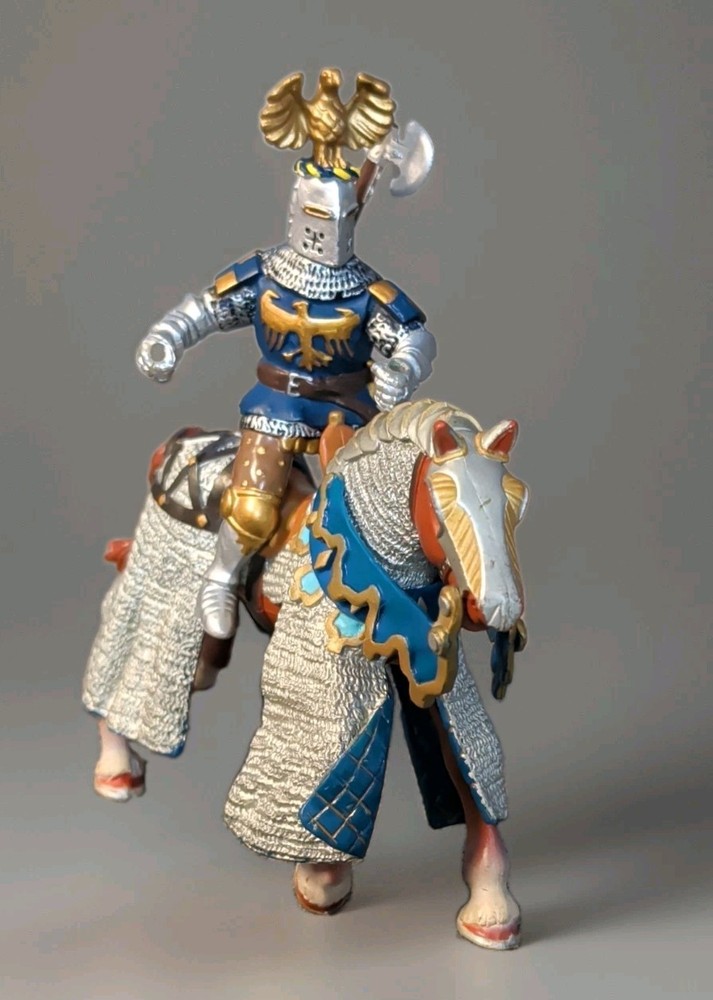 Papo Medieval Knight & Armored Horse Set w/ Axe Blue/Silver/Gold 2007