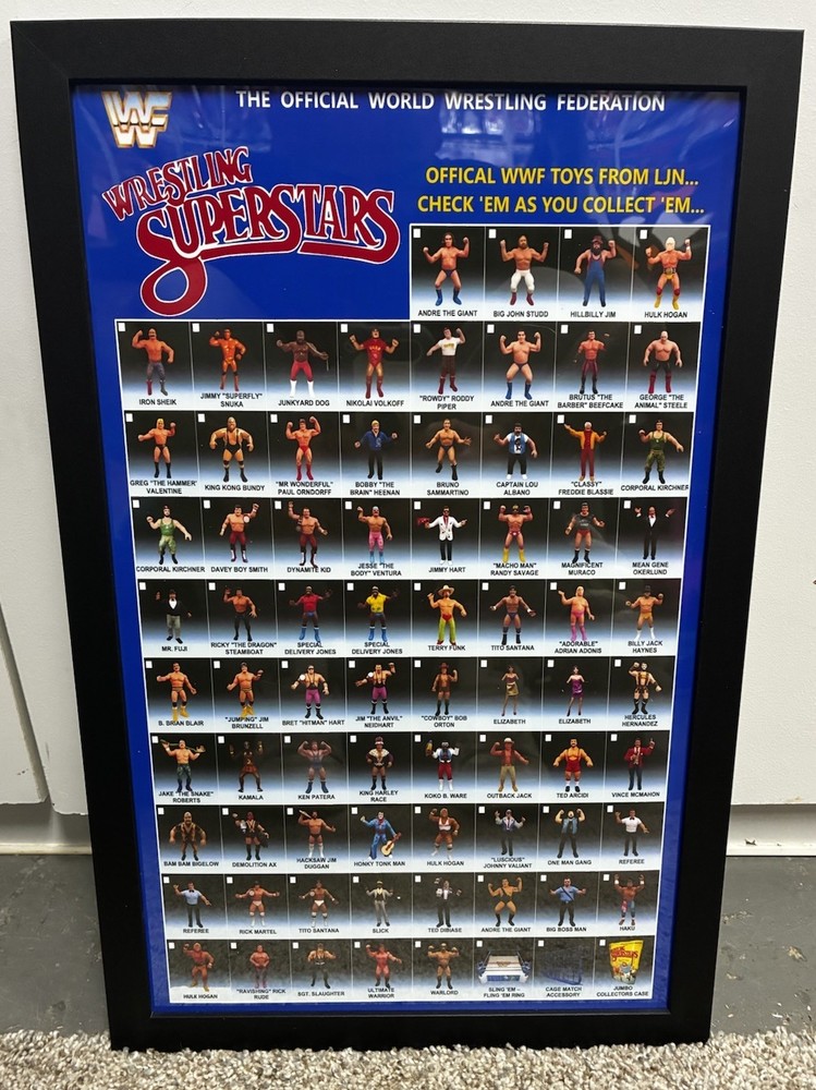 WWF Custom Made LJN Framed Check List Poster.. 11×17 Black Plexi Frame.. WWE