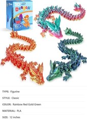 3 Pc 12in 3D Printed Crystal Dragon, Flexible Articulated