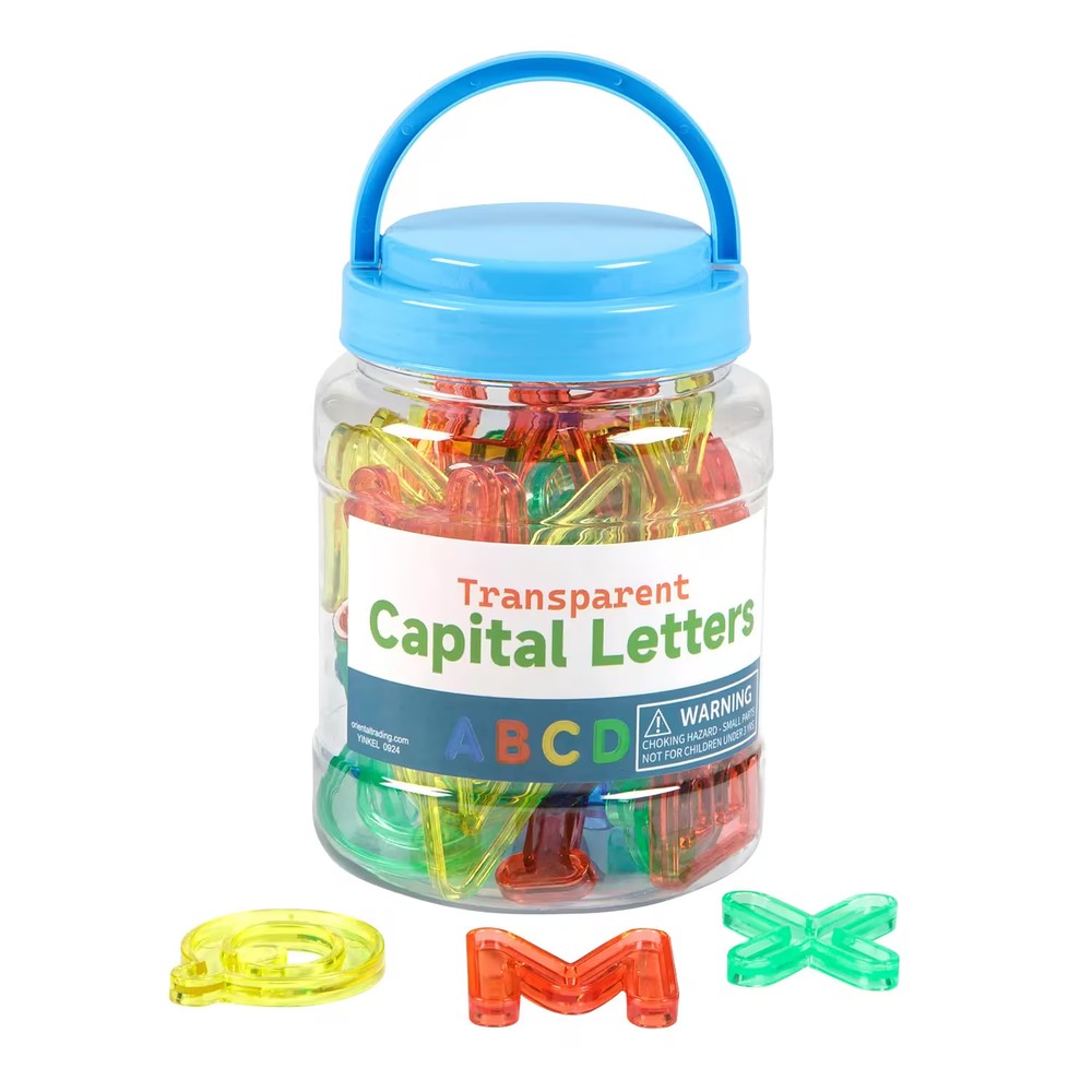 Fun Express Translucent Capital Alphabet Multicolor Plastic Counters in Jar – 52