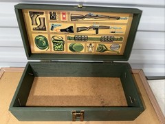 1960s GI Joe 43 Pc. Accessory Lot + Green Footlocker Storage Trunk Handles