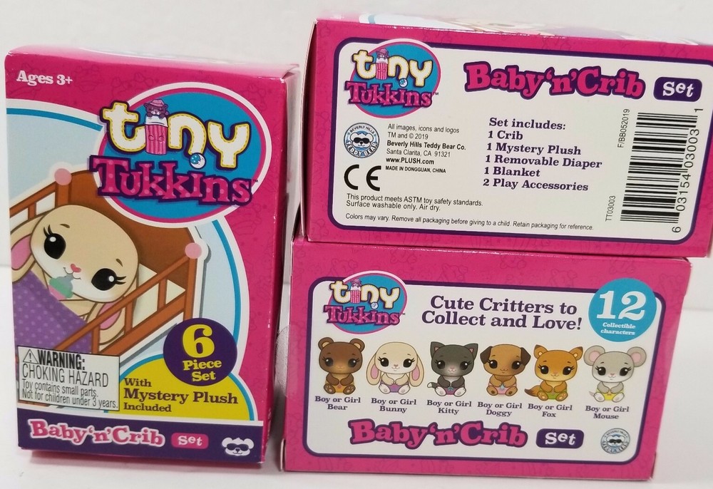 3 – Tiny Tukkins Baby n Crib Set. With Mystery Plush Included. 6 Piece Set – NEW