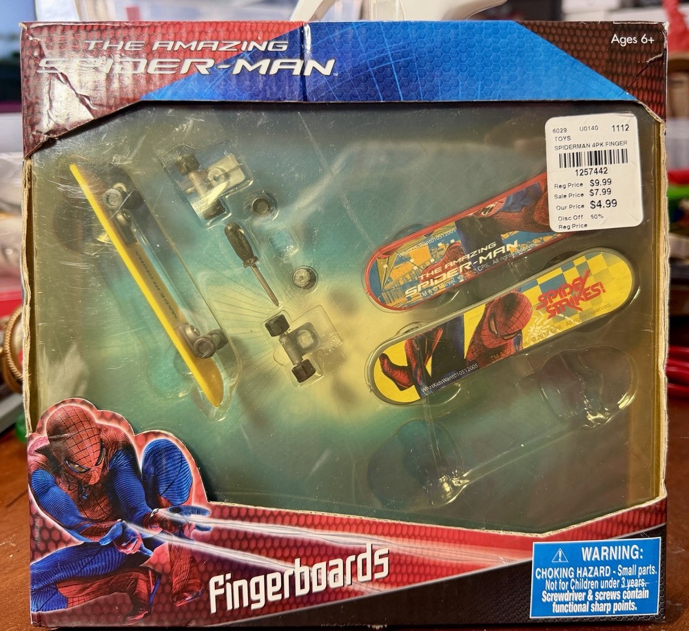 Amazing Spider-Man movie branded finger skate boards, original box, missing 1