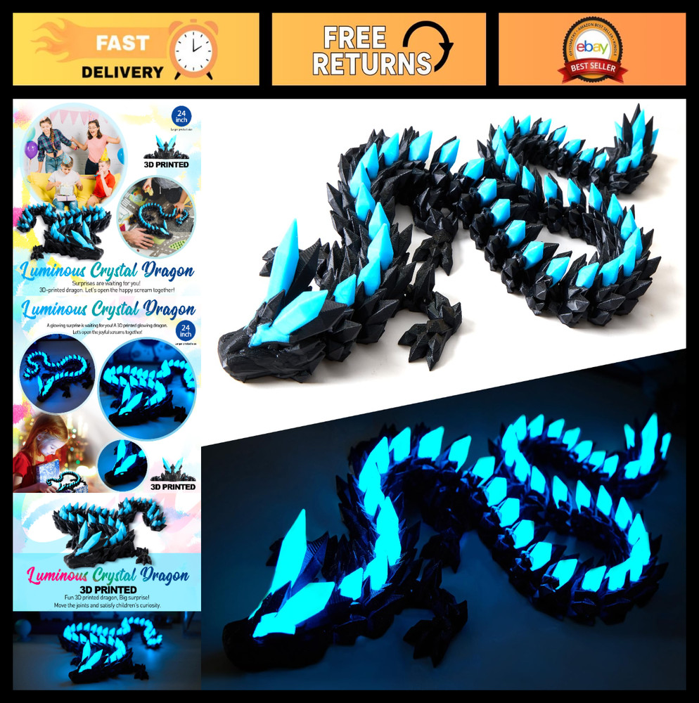 24″ Glow in the Dark 3D Printed Dragon Fidget Toy – Articulated Flexible Design,