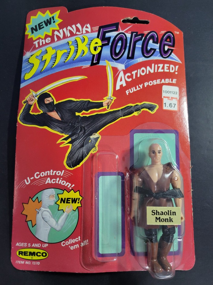 1986 Remco Ninja Strike Force Action Figure Shaolin Monk on Card Weapon Missing