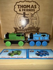 THOMAS & PERCY ! THOMAS FRIENDS TRAIN WOODEN 1998 WOODEN FUNNEL BRITT ALLCROFT